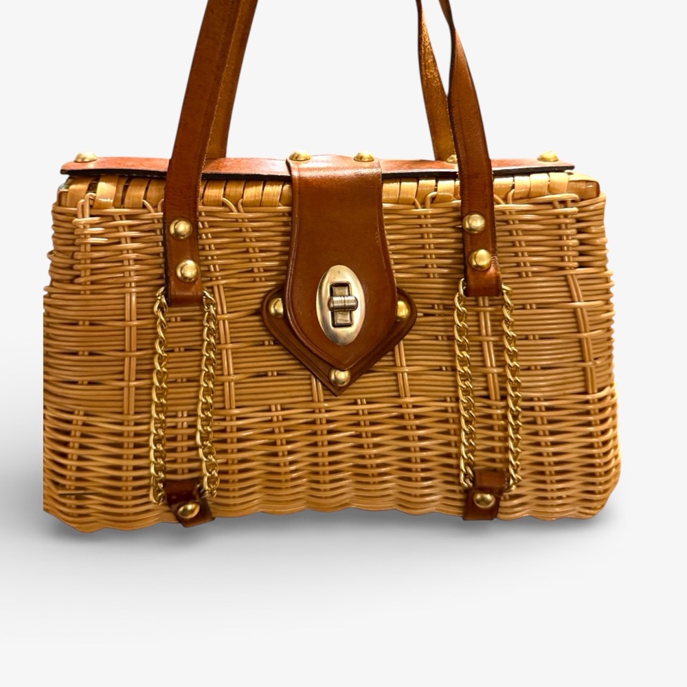 Vintage Brown leather Woven Handbag with Gold Accents
